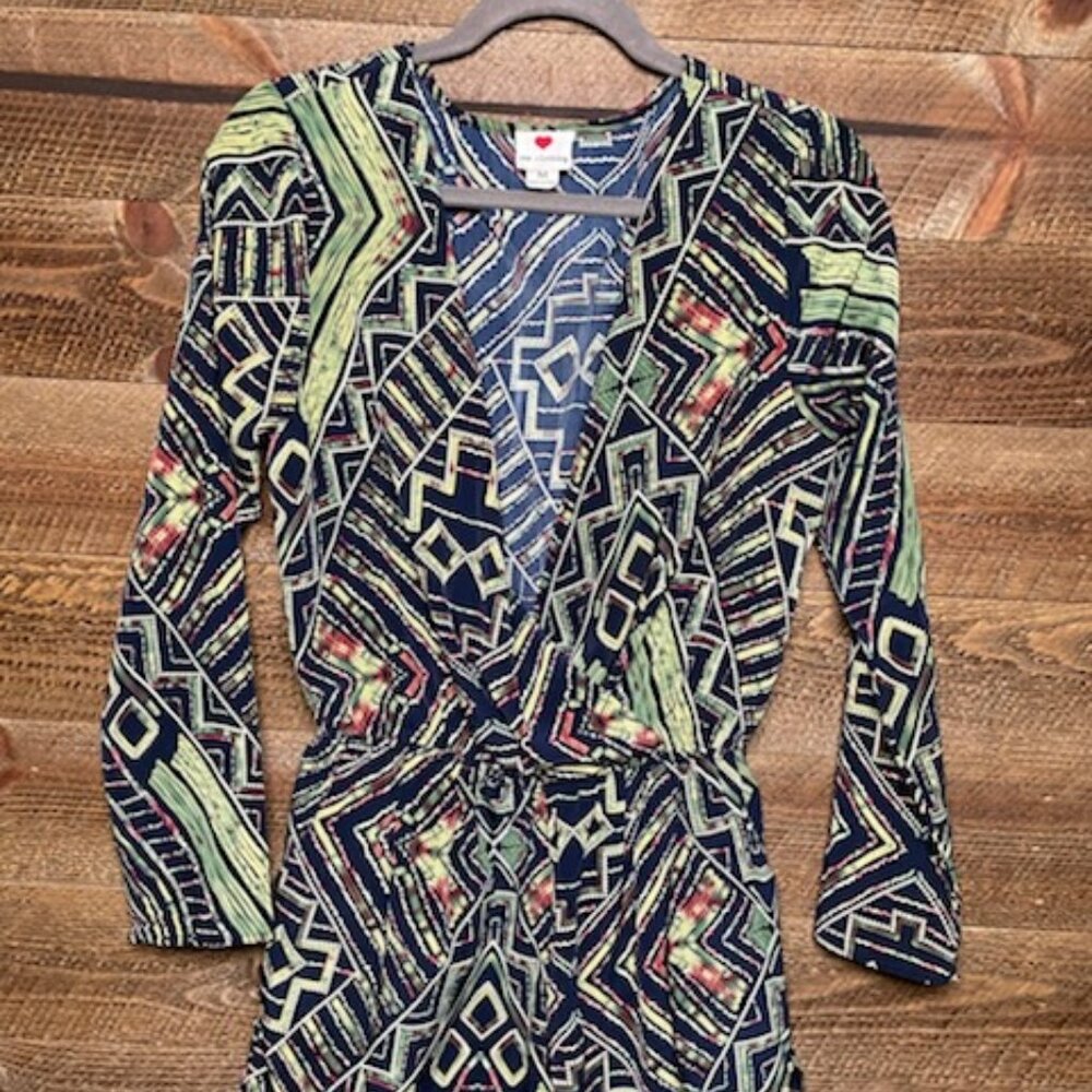 One Clothing Long Sleeve Geometric Print Romper w/ Pockets, Size Medium